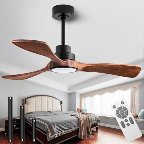 MRDEER Deckenventilator mit Beleuchtung, 106 cm, Massivholz, LED 18 W | Deckenventilator mit 3 Massivholzflügeln, 60W DC Motor, LED 18 W, 1500 lm, 6 Stufen, unter 30 dB und Fernbedienung