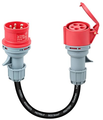 CEE Adapter 32A Stecker auf 16A Kupplung, 3-Phasen Starkstrom Adapter | VDE-Kabel, 5-Kern Messingkern, 5x2.5mm² Starkstromkabel 415V max, IP44, 32A auf 16A, Geeignet für Industrie und Haushalt