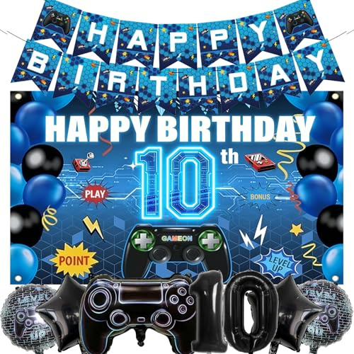 Videospiel Geburtstag Deko 10 Jahre, Videospiel Geburtstagsdeko Junge, Happy Birthday Girlande Banner Deko, XXL Gaming Controller Folienballons, für Junge Geburtstag Spielthemen Party