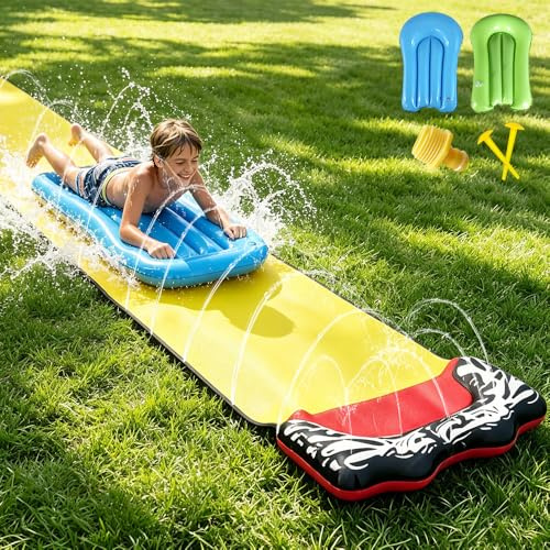 CLIUNT Water Slide Mat, 15.7ft/480cm Lawn Water Slides for Kids, Slip and Slide Water Slide With 2 Bodyboards, Build in Sprinkler, for Kids Adults Outdoor Water Play Activities (Yellow)