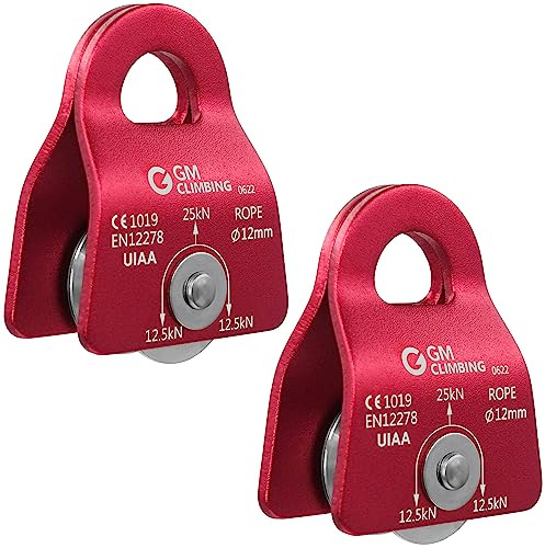 GM CLIMBING Red Micro Prusik Minding Pulley 25kN CE UIAA Certified 12mm Single Pulley Mobile Side Plates for Arborist Rigging Climbing Rescue Pack of 2