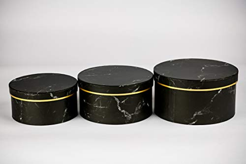 VIPOLIMEX 3er Set runde Blumenboxen mit Kordel, Aufbewahrungsbox mit Deckel, unifarbene Hutschachtel, Geschenkboxen, personalisierbar (schwarzer Marmor-Optik)