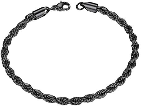 ChainsHouse 3MM Black Stainless Steel Bracelet for Men Women, Black Chain Bracelet Rope Link Style, Twisted Braided Wrist Jewelry, 8.3 Inches