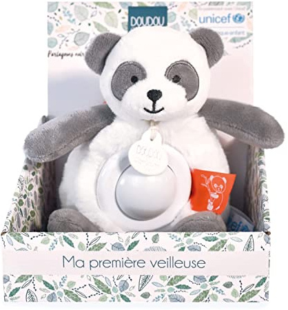 DOUDOU ET COMPAGNIE - Veilleuse Peluche Panda Musicale et Lumineuse pour Enfant - Avec 3 Lumières - Taille 20 cm - Noir et Blanc - Collection Unicef - Idée Cadeau Dès La Naissance- DC3996