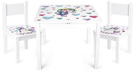 Leomark Weiß Kindertisch und 2 Stühle aus Holz - Einhorn YETI - Tisch Kinderstuhl für Kinder, Kindersitzgruppe, Sitzgruppe mit UV Aufdruck