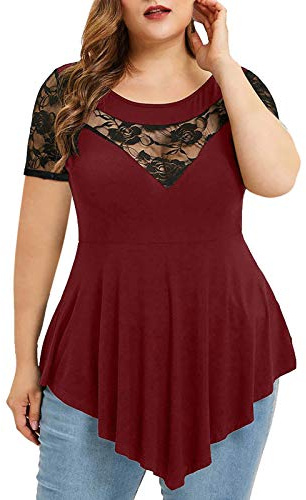 Lazzboy Tshirt Damen Plus Size Solid Frauen Floral Lace O-Ausschnitt Asymmetrische Tops Bluse T-Shirt V-Ausschnitt Knopfleiste Solide Tunika Langam/ärmellos/Kurzarm (Z1-Rot,2XL)