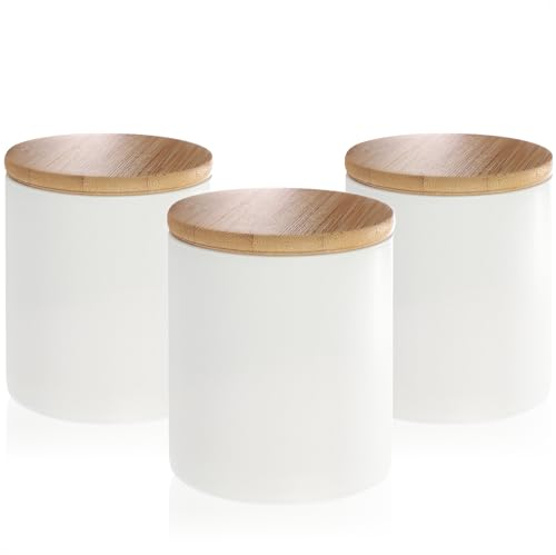 com-four® 3 contenitori in ceramica - scatola portaoggetti con coperchio in bambù - contenitore versatile per caffè - piccoli contenitori in ceramica per alimenti (bianco - 08x09 cm - 3 pezzi)