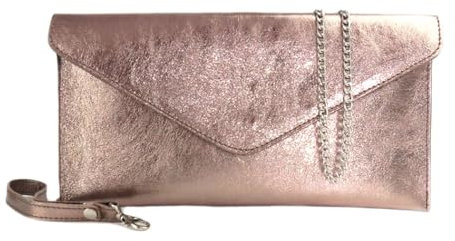 LeahWard Genuine Italian Suede Leather Envelope Clutch Bags Wrist Strap and Chain Strap Included Party Wedding Purse Handbag Cross Body Bag (Rose Gold Leather Clutch Bag)