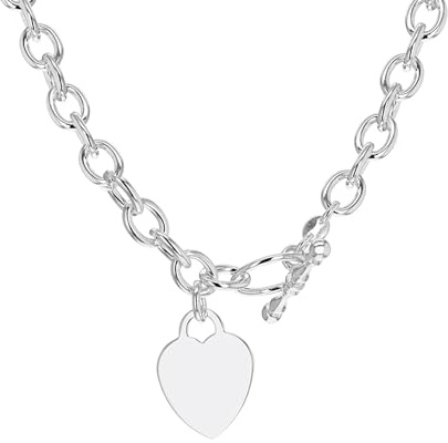 Tuscany Silver Women's Sterling Silver 16mm x 20.5mm Heart Charm Belcher Chain T-Bar Necklace 46cm/18'