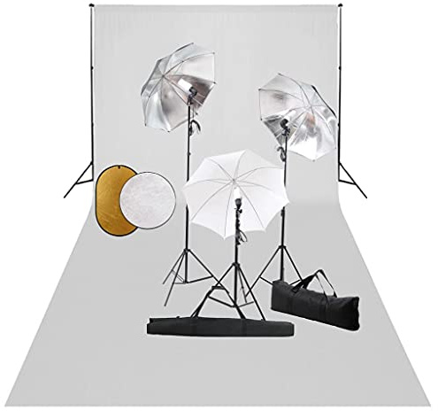 vidaXL Fotostudio Set mit Leuchten Schirmen Hintergrund Reflektor Teleskop Hintergrundsystem Tragetasche Studioleuchte Fotolampe Stativ Foto Studioset