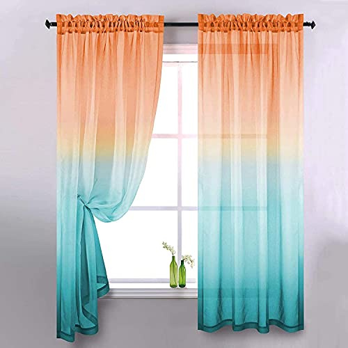 Ricemru Gardinen Farbverlauf Orange Türkis 2er Set Voile Vorhang Halbtransparent Kurz Kinderzimmer Tüllvorhang Dekoschals Gardine Schiebevorhänge für Wohnzimmer Schlafzimmer,106x160