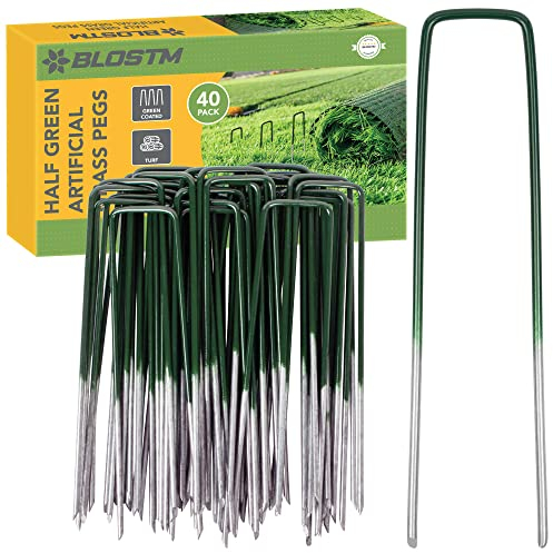 BLOSTM Green Garden Stakes – 40 x Garden Stakes for Synthetic Grass, Gardening Staples for Use with Ground Cover, Synthetic Grass, Mulching Cloth and More