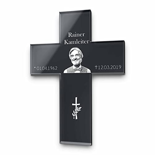 Personalisiertes Grab Kreuz mit Gravur aus Hochglanz Acrylglas - Grabstecker Grabkreuz als gravierte wetterfeste Grabdeko - schwarz o. anthrazit - Grabschmuck für Urnengrab Grab (Mit Foto)