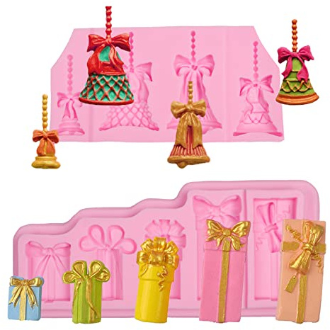 Bells Fondant Silicone Mold, Christmas Gift Box Chocolate Mold for Cake Decoration Cupcake Topper Candy Cookie Dessert Sugar Craft Gum Paste Polymer Clay Resin