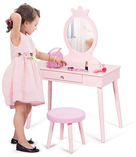 LIFEZEAL Kinder Schminktisch, Kosmetiktisch mit Spiegel & Hocker, Frisiertisch aus Holz, Make up Tisch mit Schubladen, Frisierkommode ideal für Mädchen