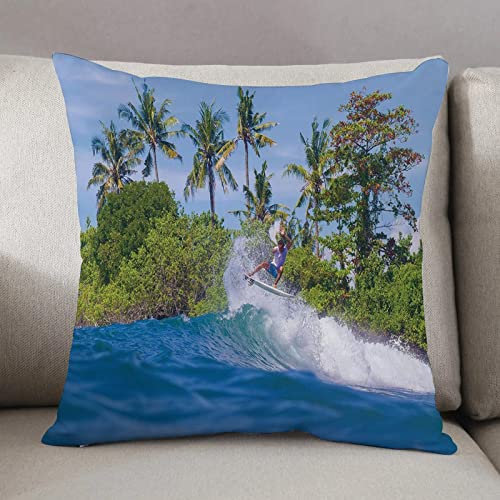 Kissenbezug 50 x 50 cm,Ride The Wave, Surfer im Ozean von Bali Island Palmen Verträumte Naturlands,Dekor Kissenhülle Kissenbezüge mit Verstecktem Reißverschluss, Couchkissen,Sofakissen Kopfkissenbezug