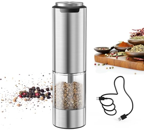 CIRCLE JOY Molinillo de Pimienta Recargable Molinillo de Especias Eléctrico de Acero Inoxidable con Recipiente Transparente de 95ml, Luz LED Blanca y Rugosidad Externa Ajustable, Plata