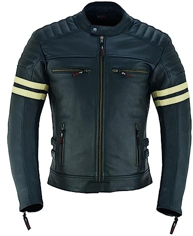 JACKET4U Blouson Moto Cuir Homme Blindé Homologué CE Noir Avec Bandes Blanches MBJ-26A (XL)