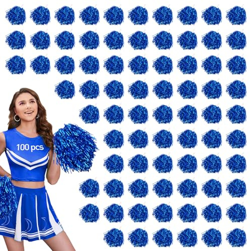 100pcs Blue Metallic Cheerleader Pom Poms with Baton Handle for Kids Adults Cheering Spirit Sports Party Dance Sportsteam
