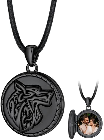 FaithHeart Kupfer Foto Anhänger für Herren Männer, Schwarz Medaillon mit Wikinger Wolfkopf Symbol, Wikinger Amulett mit Bildanhänger für Geburtstag Weihnachten Halloween