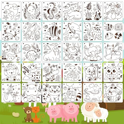 MWOOT 30 Pezzi Animali Adorabili Stencil di Pittura,Cute Animal Templates Disegno per Stencil,Stencil Carini Riutilizzabile Pittura Modelli Arredo Tessuto Scrapbooking Tela Deco(12.5 x 12.5cm)