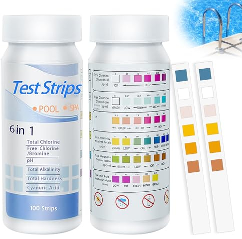 100 Piezas Tiras de Prueba de Agua, 6 en 1 Tiras de Prueba Para Piscina, Tiras de Analisis de Agua para Probar PH, Dureza, Cloro Libre, Alcalinidad, ácido cianúrico, Bromo