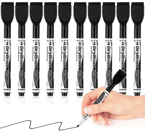 Autoau Whiteboard Marker, 10 Stück Whiteboard Stifte Magnetisch, Schwarz Folienstift Abwischbar Fein Stifte mit Radiergummi, Dry Erase Marker Set für Zuhause Schule Büro usw