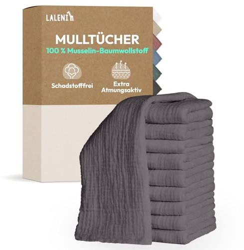 Laleni Mulltorkdukar baby 20-pack, muslin i 100% bomull 70 x 70 cm, absorberande och tvättbara – Antracit