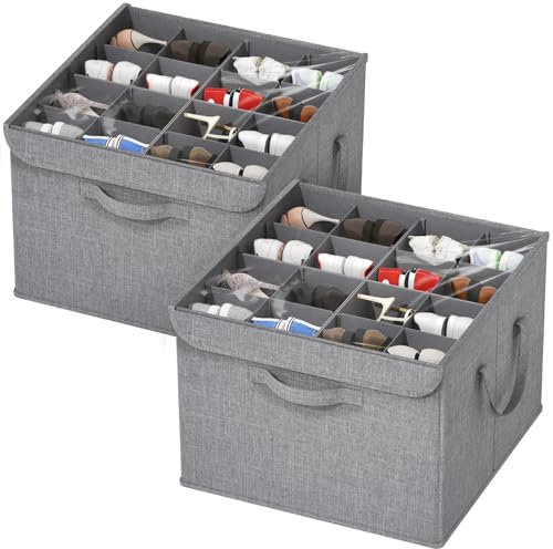 Lifewit Boite Rangement Chaussures Placard, Organiseur Chaussures Pliable, Séparateurs Réglables avec Couvercle Transparent pour 4-16 Paires, Support Inférieur et Poignées Renforcées, Gris, Lot de 2