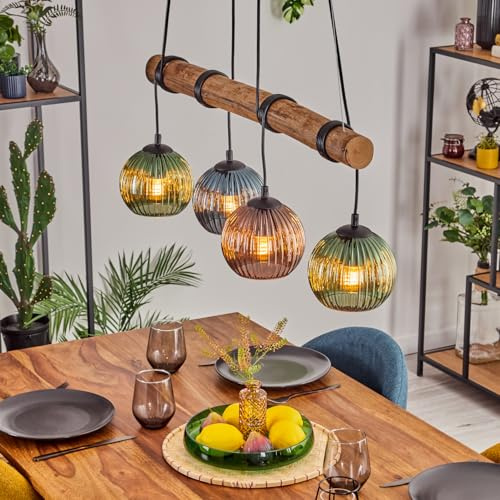 HOFSTEIN Pendelleuchte Koyoto, 4-flammige Hängelampe aus Metall/Holz/Glas in Schwarz/Natur/Bernstein/Grün/Blau, Hängeleuchte m. Glasschirmen, Holzbalken, max. 150cm, E27, Esszimmer, Wohnzimmer, Küche