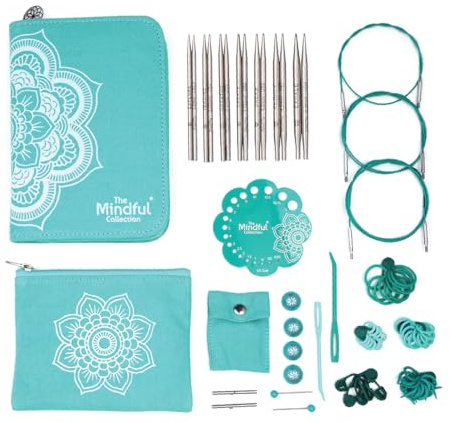 KnitPro Mindful utbytbara nålar Set - 7 par 13 cm rundstickor med tillbehör Mindful Hope Set för nybörjare, proffs och presentset