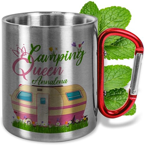 Edelstahl-Tasse mit Karabiner personalisiert „Camping King & Queen“ – ca. 330ml - Metall-Becher mit Namen – Geschenk Outdoor Camping Männer Frauen Vatertag (Queen, roter Griff)