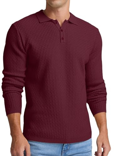 Sailwind Pullover en tricot pour homme avec col polo Pull à manches longues pour hommes avec boutonnage Décontracté Poloshirt basique, rouge bordeaux, XXL