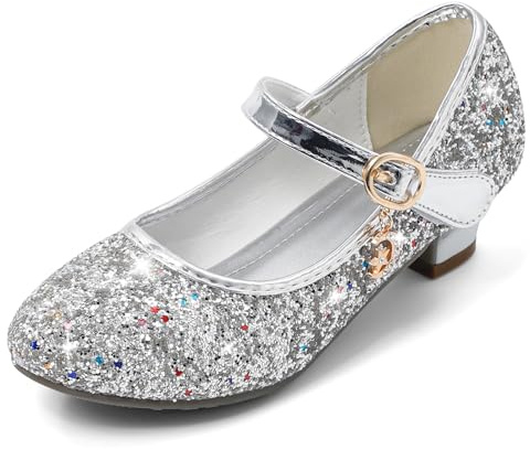 Cheerful Mario 5-10 Ans Chaussures Princesse Filles Paillettes Ballerines Mary Jane à Talon Scintillantes pour Enfant Argent 33 EU Semelle 34
