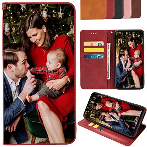 CAXKJE Lederhülle für Samsung Galaxy S25 Personalisierte Handy Hülle,mit Eigenem Foto Bild Text Individuelle Schutzhülle,Leder Flip Case Schutzhülle Stoßfest Hülle - Red