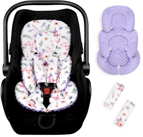 Pea Pod Infant Car Seat Insert with Strap Covers, All in One Reversible Baby Car Seat Head Support for Newborn, 3D Soft Minky Carseat Cushion for Preemie to Infant, Stroller, Swing, Bouncer, Butterfly