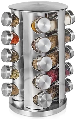PTUWODS Gewürzregal Mit 20 Gewürzgläser Eckig,360° Drehbarer Edelstahl Gewürzkarussell,Gewürz Organizer,Gewürzdosen Mit Streueinsatz,Gewürzglas
