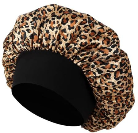 Satin Schlafhaube, Leopardenmuster Seidenhaube Verstellbar Haarhaube Seide, Nacht Schlafhaube Damen Mädchen Atmungsaktive Schlafkappe Duschhauben