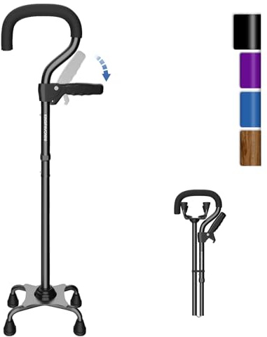 KingPavonini Gehstock für Damen/Herren mit Zweitgriff, 4-Punkt-Basis | Faltbarer Gehstock mit Zweitgriff, Gehstöcke für Senioren für Balance & Stabilität, 300 LBS, 5 verstellbare Höhen