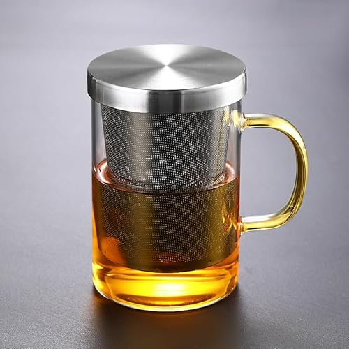 Xfeyaqlo Taza Te 450ml Vidrio, Tazas Infusiones con Tapa y Filtro Gran Capacidad, Un Buen Recipiente, Más Agradable Degustación (Asa Amarilla)