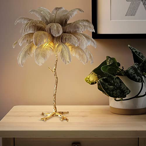 Lampe de table en plumes d'autruche - Motif palmier avec abat-jour en plumes pour salon et décoration de la maison