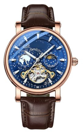 Orologio da polso sportivo da uomo, automatico con quadrante luminoso del cielo stellato, Tourbillon, cinturino in pelle argentata, 12/24 ore, orologio da polso da uomo ovale, Blu, 24cm, cinghia