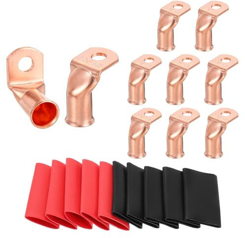 sourcing map 10 capicorda in rame piegato a 90°, 2/0 AWG, terminali per cavi della batteria, calibro 2/0 da 5/16, con 10 tubi termorestringenti 3:1, nero e rosso