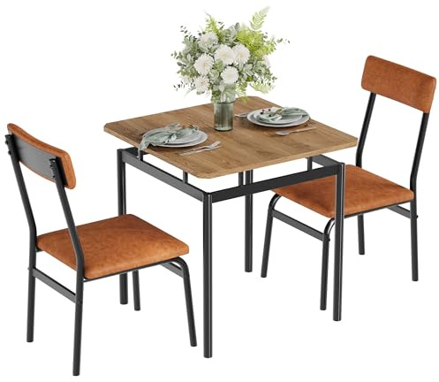 Garvee 3 Piece Dining Table Set, Kitchen Table Set for 2 with 2 PU Upholstered Chair, Industrial Metal Frame Dinette Set for Small Space, Dining Room, Apartment, Studio, Brown