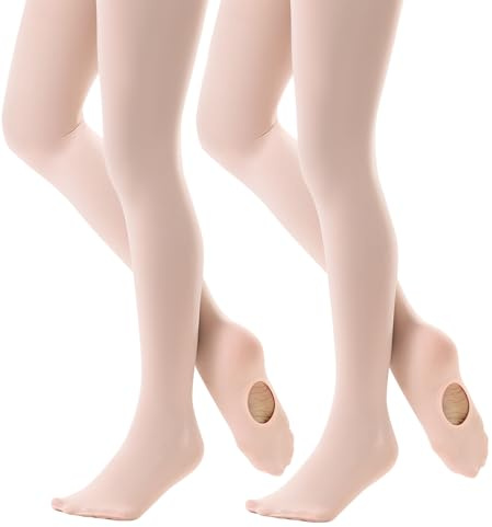 DUCMODA Ballettstrumpfhose für Mädchen | Konvertierbare Kinder-Strumpfhose mit Loch & Ohne Fuß | Weiche Elastische Tanzstrumpfhose 2 Paar Ballett Rosa 134-146