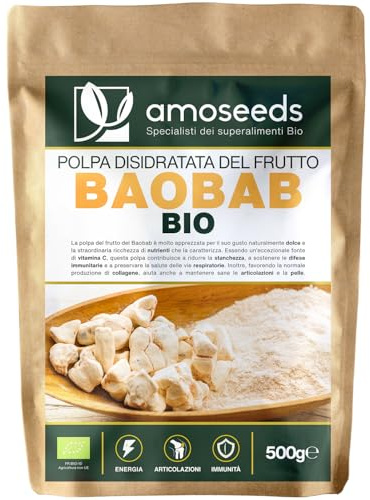 Polvere di Baobab BIO 500 g | Energia, Articolazioni, Pelle | Fonte di Vitamina C | 100% Polpa Essiccata e Macinata | Qualità Superiore