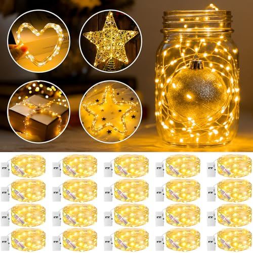 20 Stück Mini Lichterkette Batterie Klein mit Timer, 3 Modi, 2M 20 LED | Wasserdicht, Silberdraht, Lichterkette Innen Draht für DIY Weihnachten Hochzeit Party Deko, Warmweiß