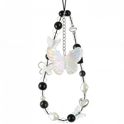 Schmetterling Handykette Perlen Kurz Transparent Schmetterlings Handy Kette Handgelenk Schmetterlingsanhänger Handyband Handyanhänger Mädchen Schlüsselband Handyschlaufe Universal Taschenanhänger