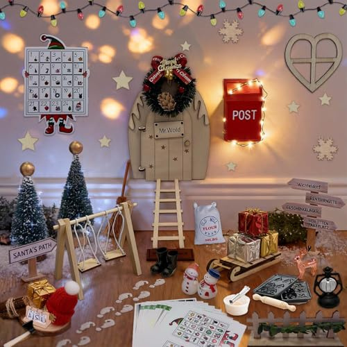 Betensh Wichteltür Set, 95 PCS Wichtel Zubehör Backset, Wichtelbriefe, Baustelle, Adventsakelnder, magischer Tür, Schilder und mehr Zubehör für die Adventszeit, DIY-Dekoration für Weihnachten