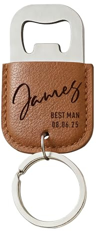 EDSG Personalised Bottle Opener Keyring, Stainless Steel & Leather Bottle Opener, Birthday Christmas Valentines Gifts for Him Husband Boyfriend, Wedding Best Man Groomsmen Gift (Brown, Design 2)